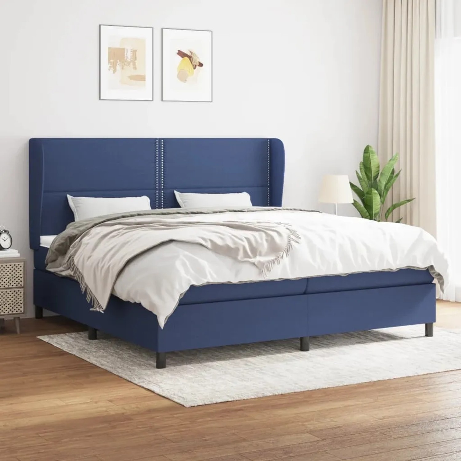 Blaues vidaXL Boxspringbett (200x200 cm) mit Matratze und Stoffbezug.