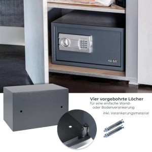 Anthrazitfarbener HMF Möbeltresor mit Zahlenschloss im Schrank, zeigt Befestigungslöcher und Ankerbolzen für sichere Montage.