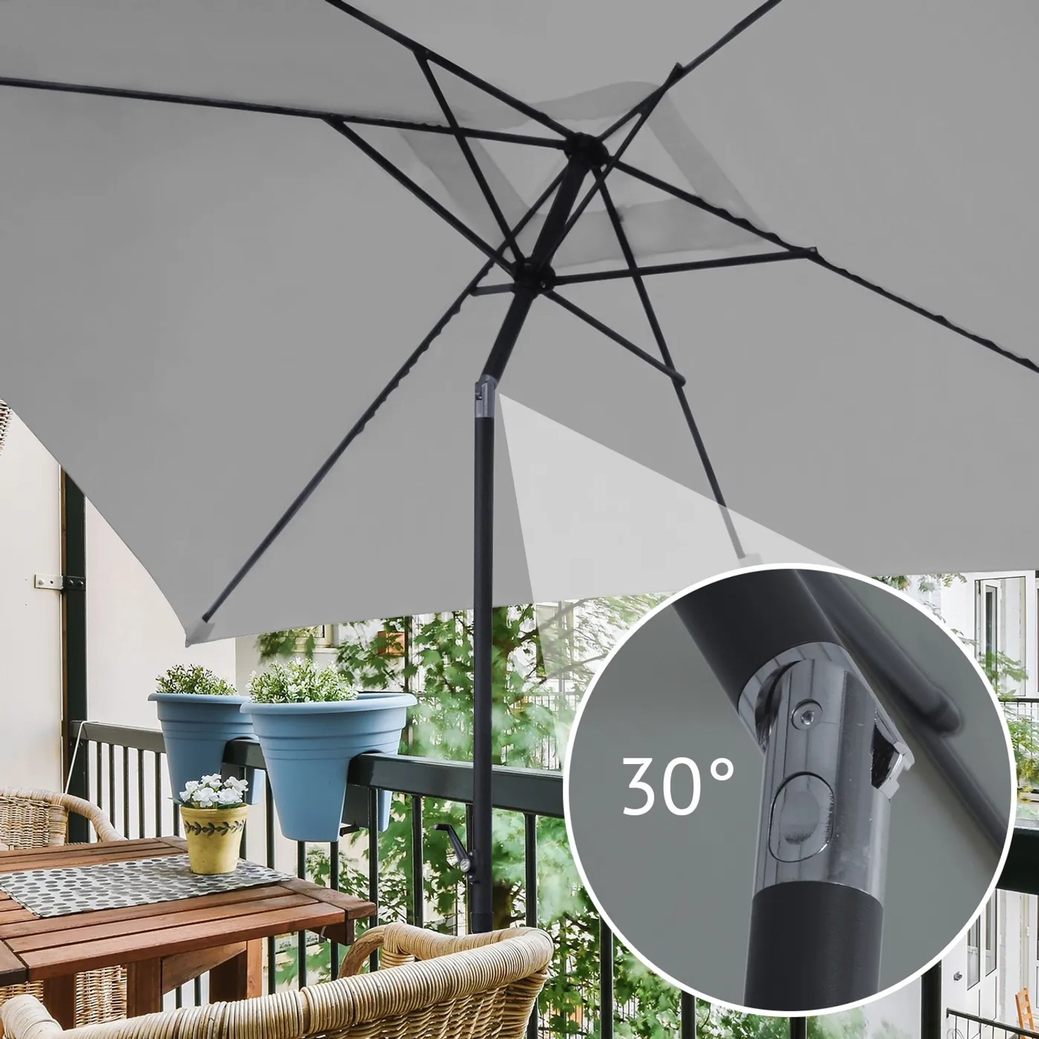 Svita Sonnenschirm, 3x2m, hellgrau, rechteckig, mit Neigungsfunktion und Kurbel für Balkon und Terrasse.