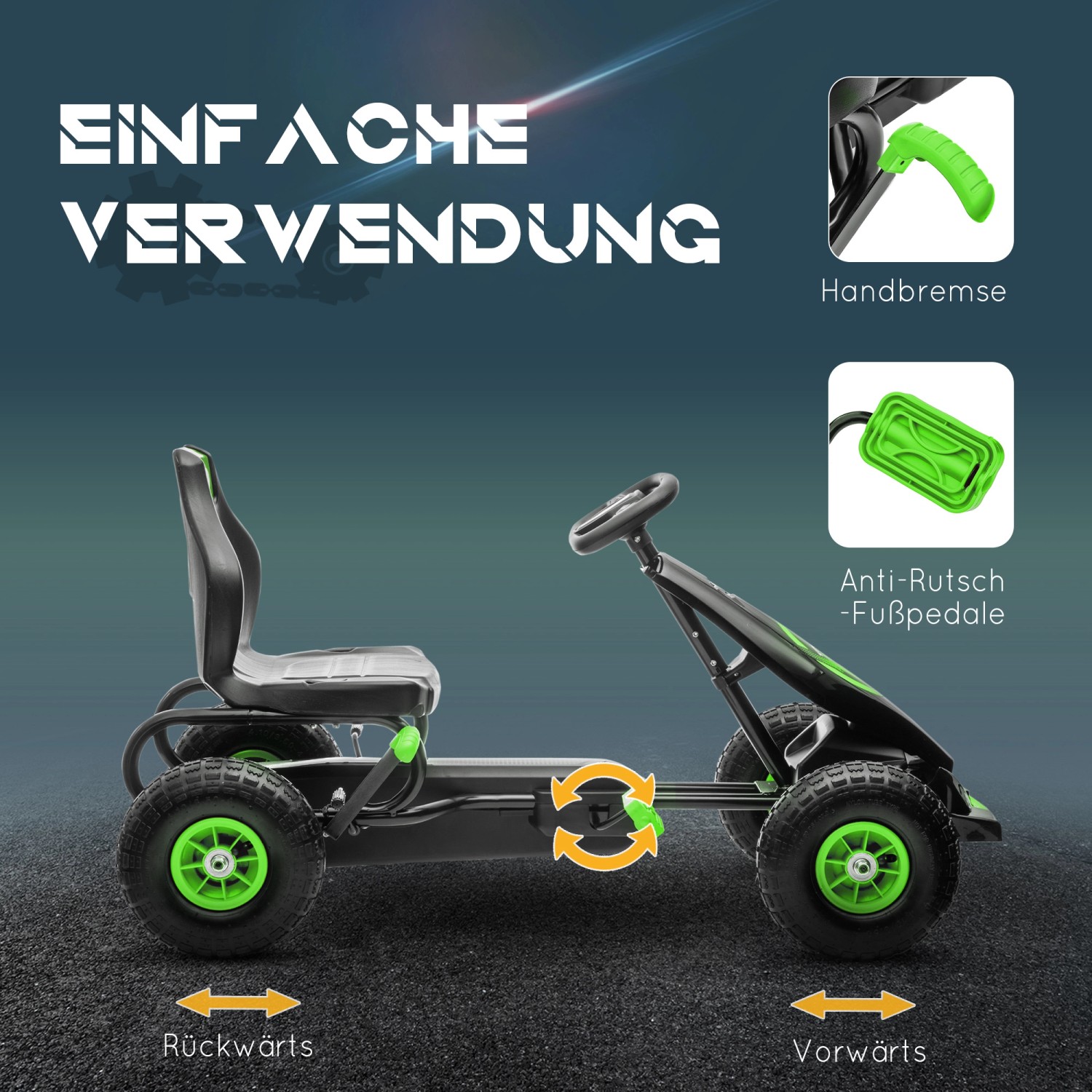 Schwarzes HOMCOM Gokart Kinderfahrzeug mit grünen Akzenten und Pedalen.