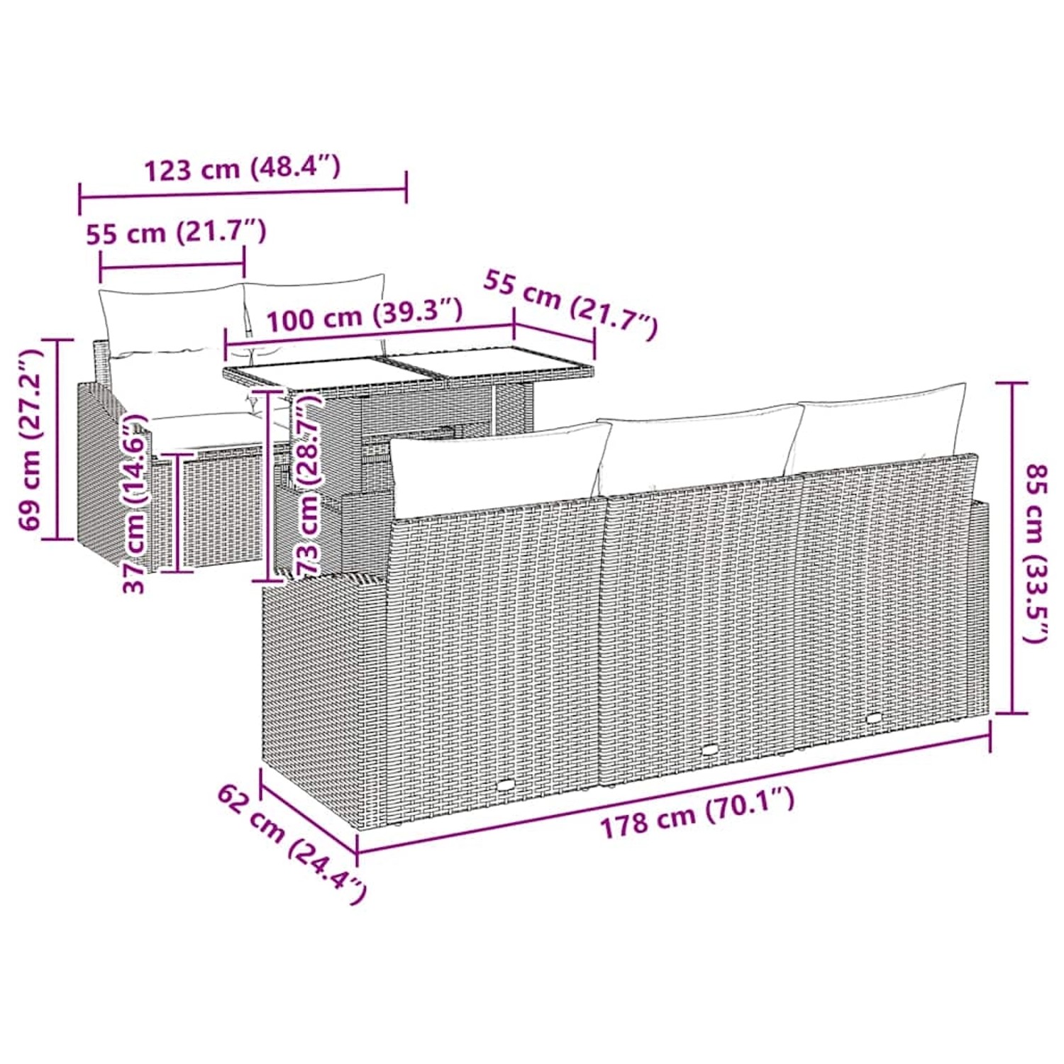 vidaXL Gartenmöbel-Set, 6-teilig, beige Poly Rattan, mit Maßangaben für Sofa und Tisch.