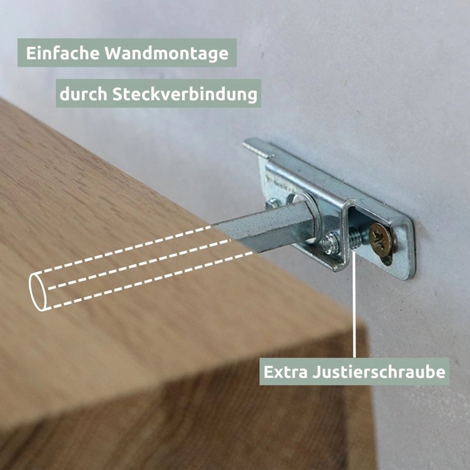 Detailaufnahme: Montage des holz4home Wandregals aus Eiche mit Baumkante.