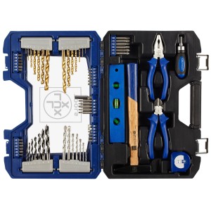 Offener LUX Werkzeugkoffer (71-teilig) mit Bohrern, Bits, Hammer, Zangen und Wasserwaage.