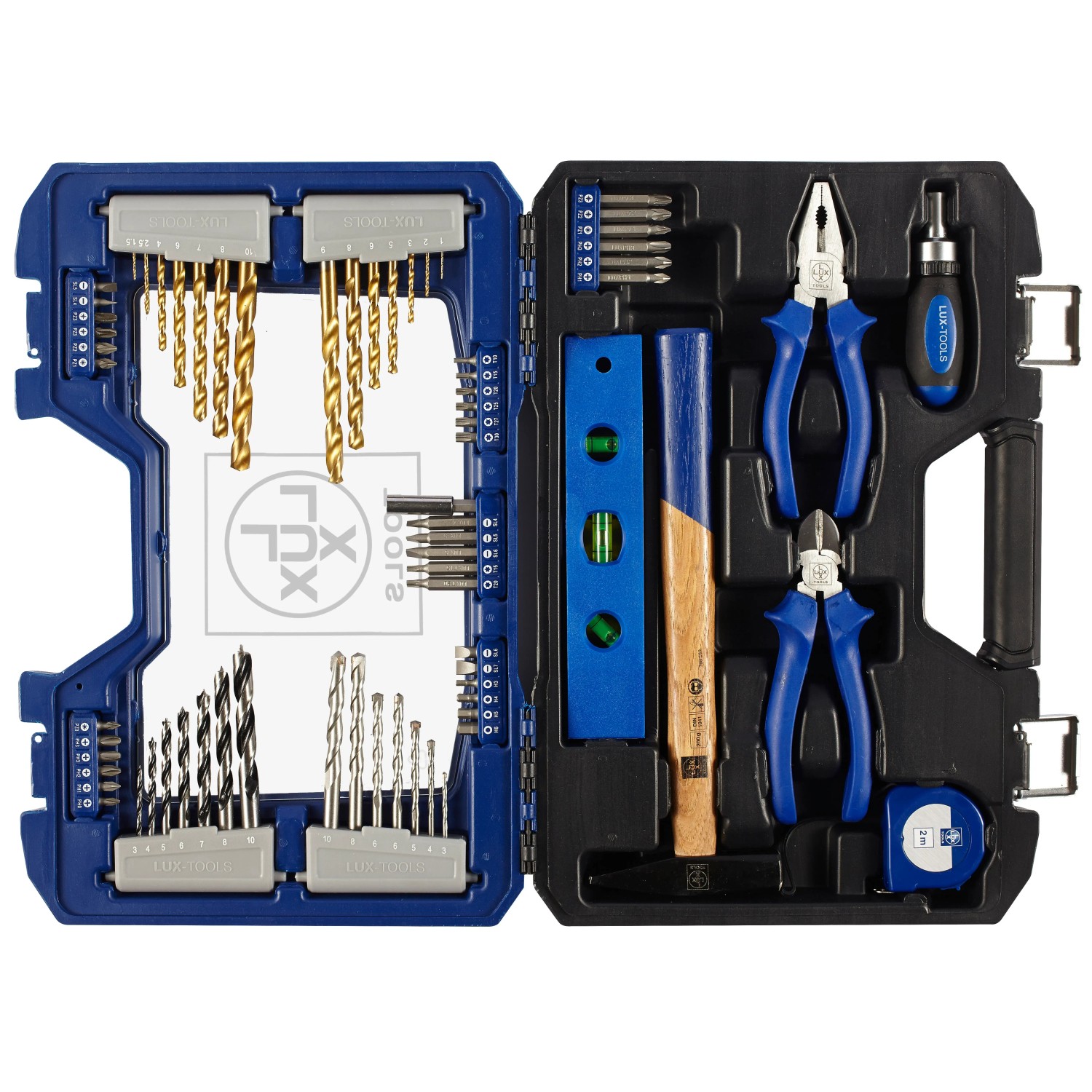 Offener LUX Werkzeugkoffer (71-teilig) mit Bohrern, Bits, Hammer, Zangen und Wasserwaage.
