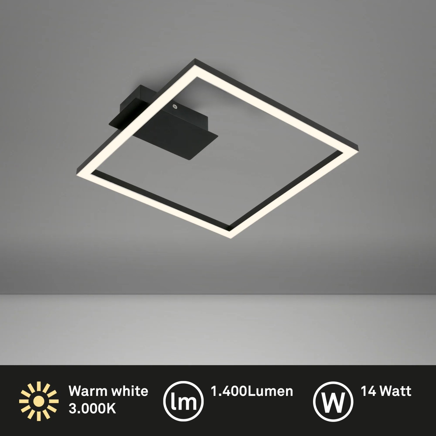 Moderne, schwarze LED-Deckenleuchte Nici von Brilo mit warmweißem Licht und quadratischem Design.
