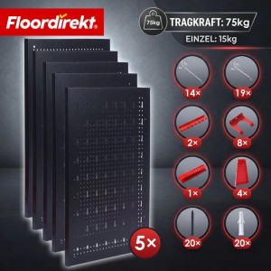 Floordirekt Werkzeugwand Parker Set mit 5 Lochplatten, Werkzeughalter, schwarz/rot. Ideal für Werkstatt und Garage.