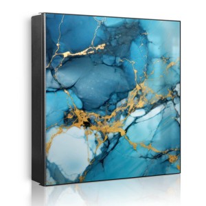 Banjado Großer Schlüsselkasten Metall 30x30cm Schwarz Scharnier Links 50 Haken Beschreibbar Magnetisch Motiv Blauer Marmor mit Gold 2