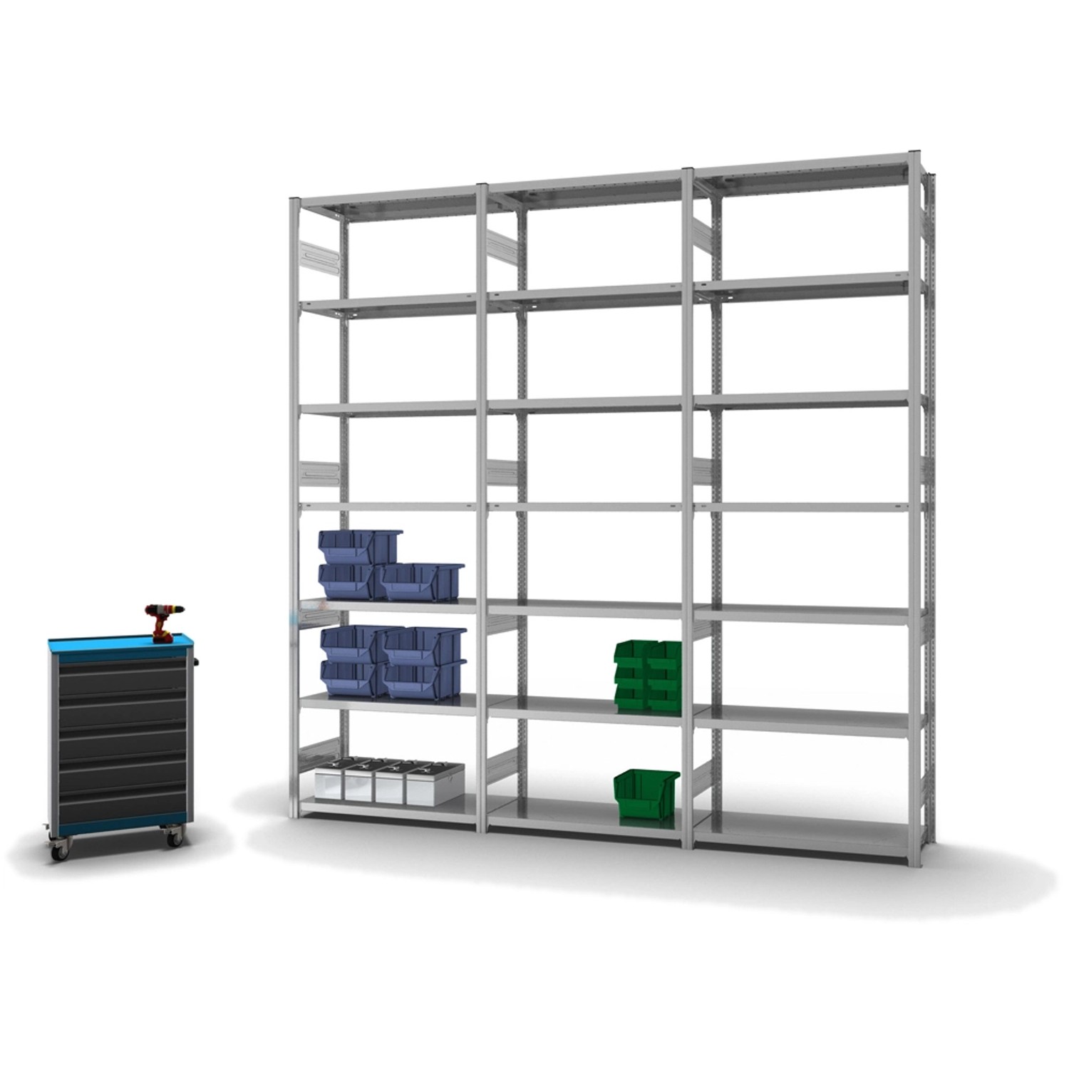 Verzinktes PROREGAL Fachbodenregal mit 7 Ebenen, beidseitig nutzbar, neben Werkzeugwagen.