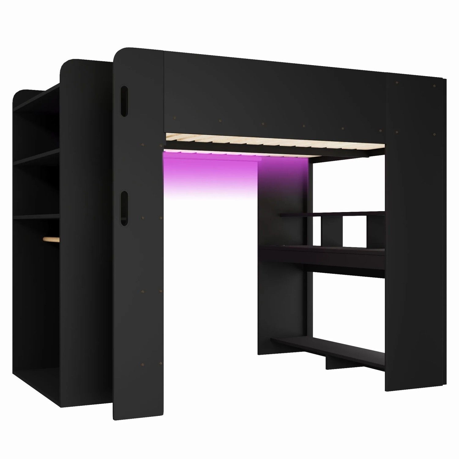 Merax Gaming Holz Hochbett 140x200 cm Mit Schreibtisch Kleiderschrank Stauraum USB LED Schwarz
