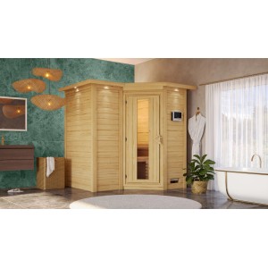 Woodfeeling Sauna Steena 1 mit Ofen, Dachkranz und Energiesparfunktion in Badezimmer-Szene.