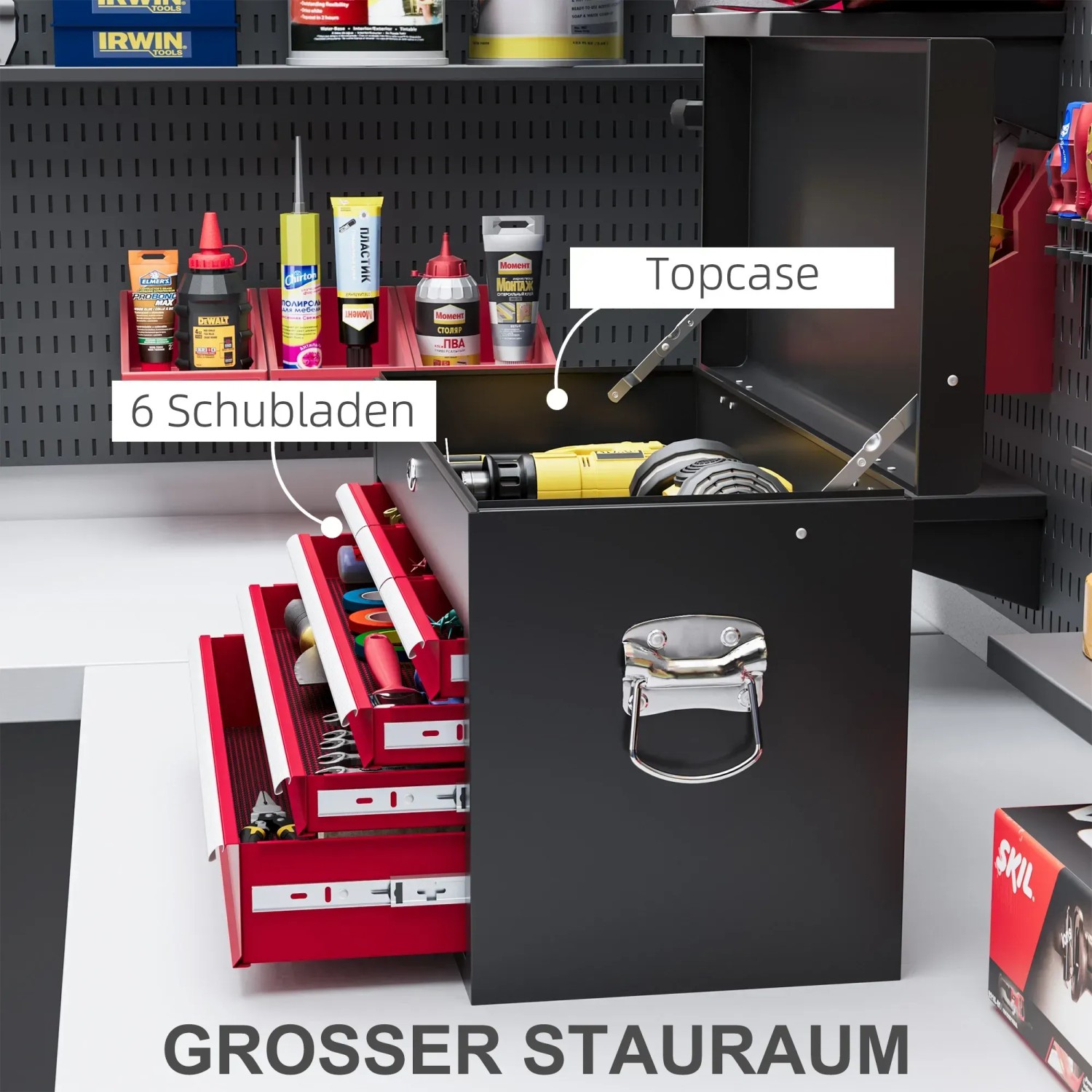 HOMCOM Werkzeugkasten, rot, mit 6 Schubladen und Topcase für Werkzeug-Sets.