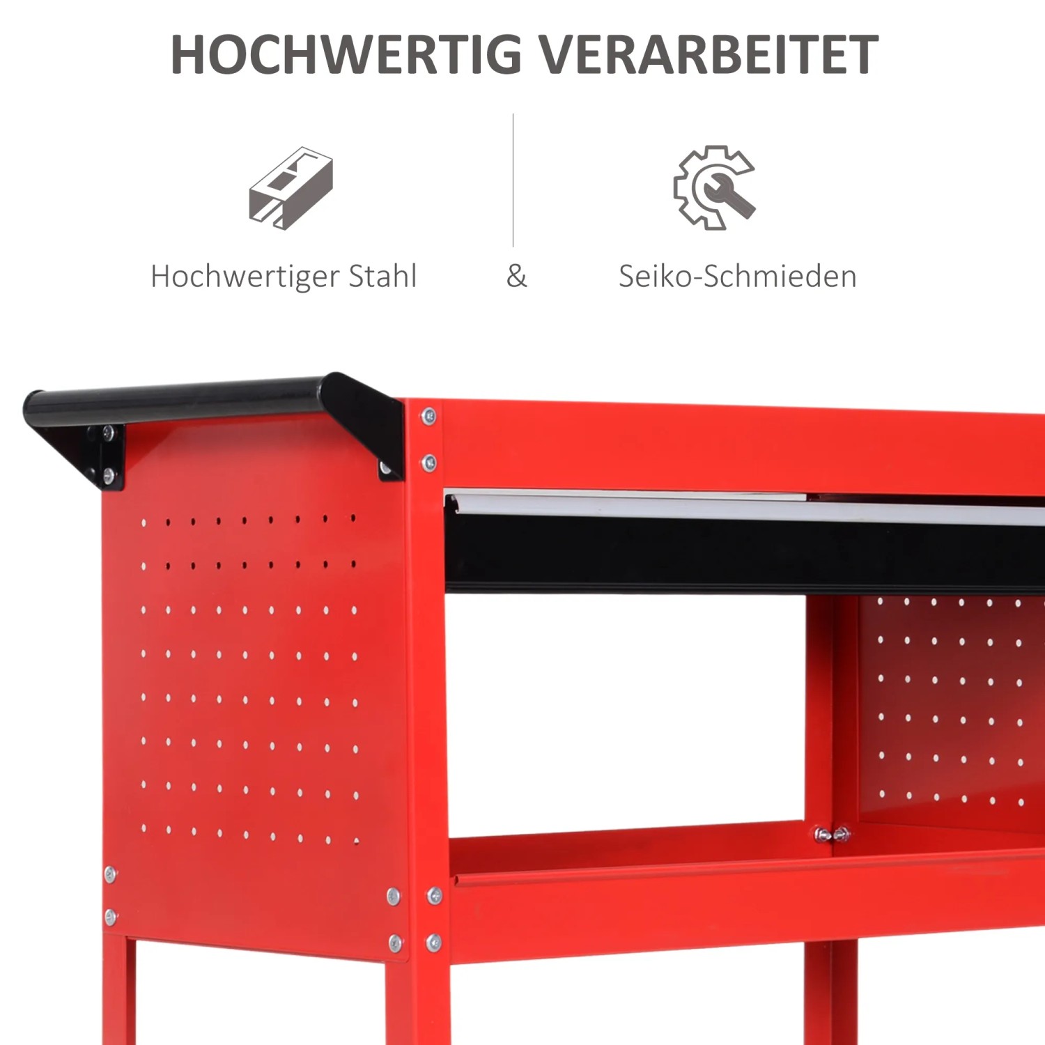 HOMCOM Werkstattwagen aus Stahl, rot/schwarz, mit Ablagen und Schublade.