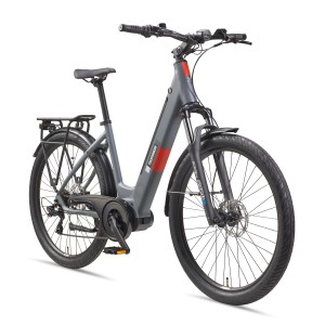 Graues Telefunken SUV E-Bike 27,5 Zoll mit Mittelmotor und Gepäckträger.