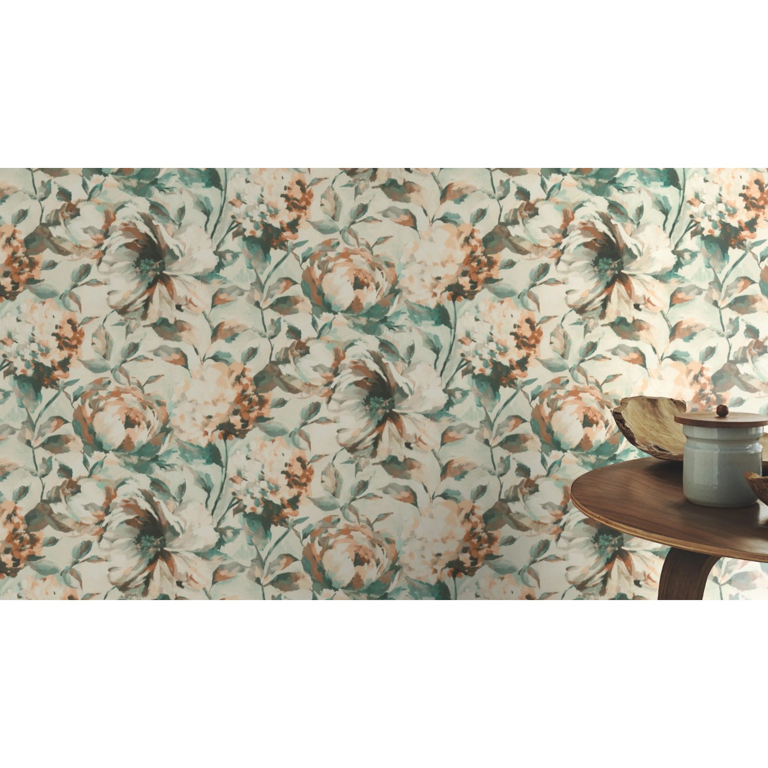 Rasch Vliestapete Florentine III mit Blumenmuster in Weiß, Braun und Grün auf hellem Grund.