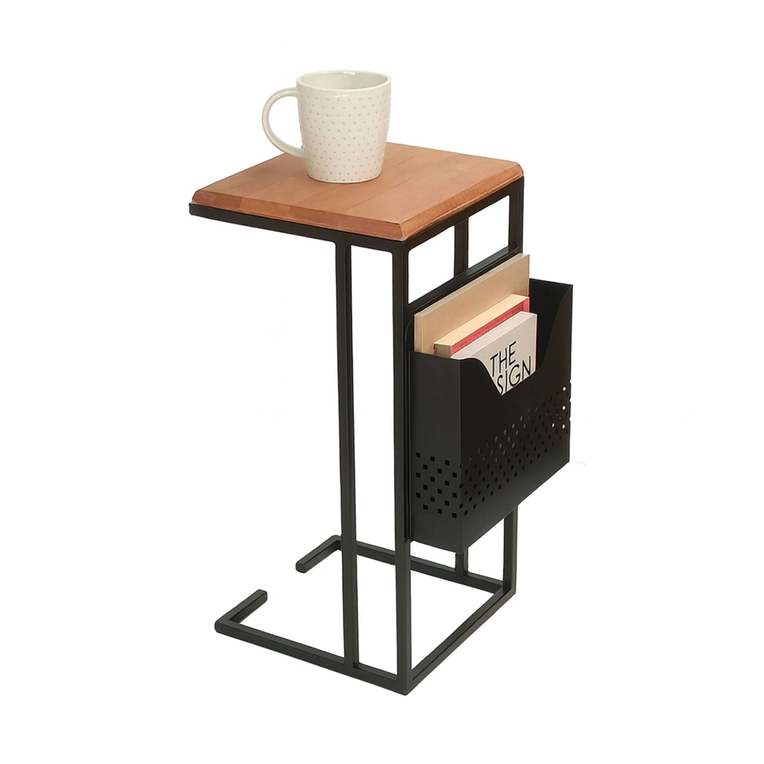 Relaxdays Beistelltisch mit Zeitungsablage Mangoholz Eisen Braun Schwarz C-Form 63 cm x 30 cm x 37 cm 3 kg