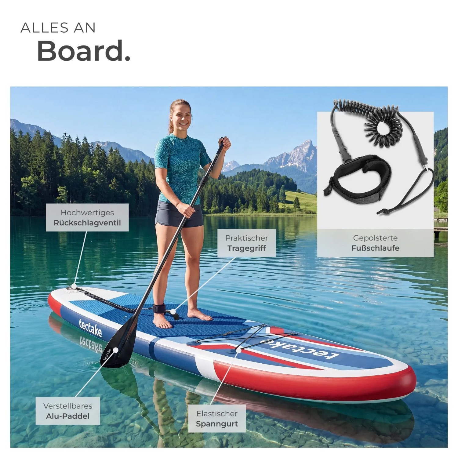 Frau auf Tectake SUP Board Poseidon auf See. Rotes, blaues, weißes aufblasbares Paddle Board mit Paddel, Fußschlaufe, Spanngurt.