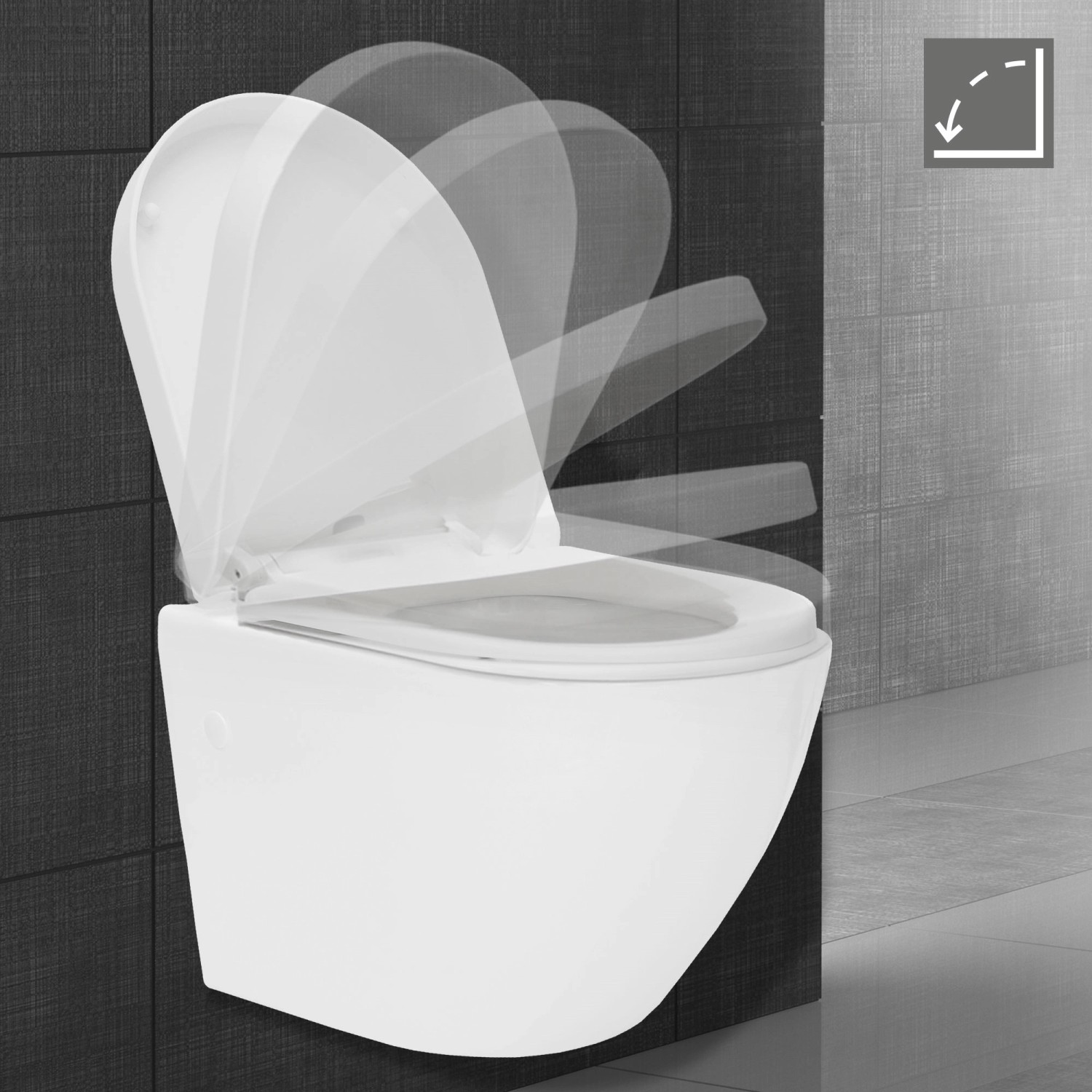 Weißes, spülrandloses Hänge-WC mit Nano-Beschichtung und Softclose-Sitz, kurze Ausladung.