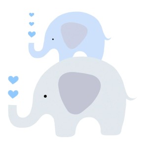 Kindertapete mit Tiermotiv: Zwei Elefanten in Blau, Grau und Weiß.