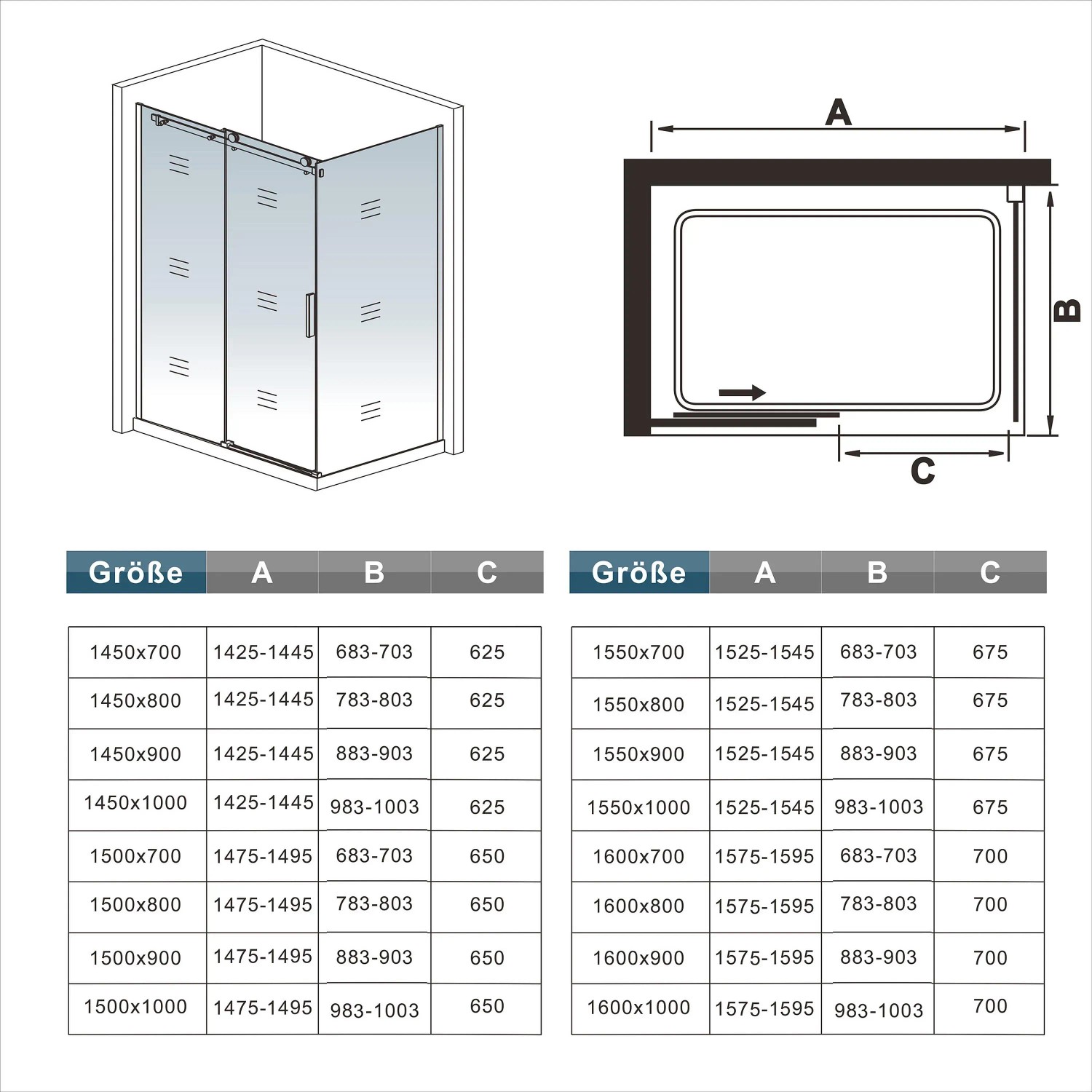 AICA Duschkabine 145x80cm mit Schiebetür, 8mm ESG Glas. Eckdusche für barrierefreies Bad.