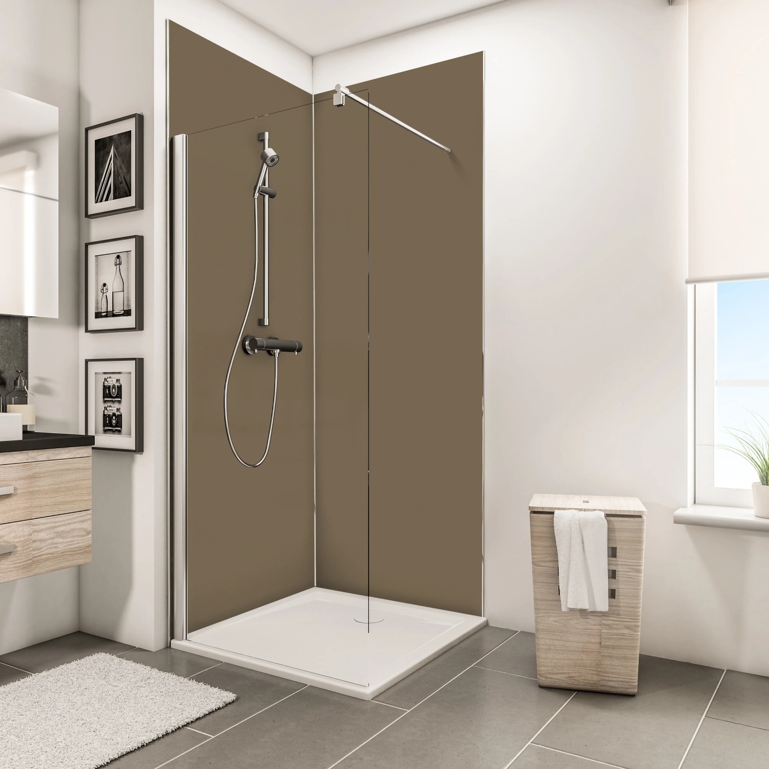 Begehbare Dusche mit Schulte Duschrückwand Decodesign in Taupe, fugenloser Fliesenersatz.