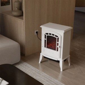 Weißer Juskys Elektrokamin 2000W mit realistischem Flammeneffekt im Wohnzimmer. Kompakter elektrischer Kaminofen.