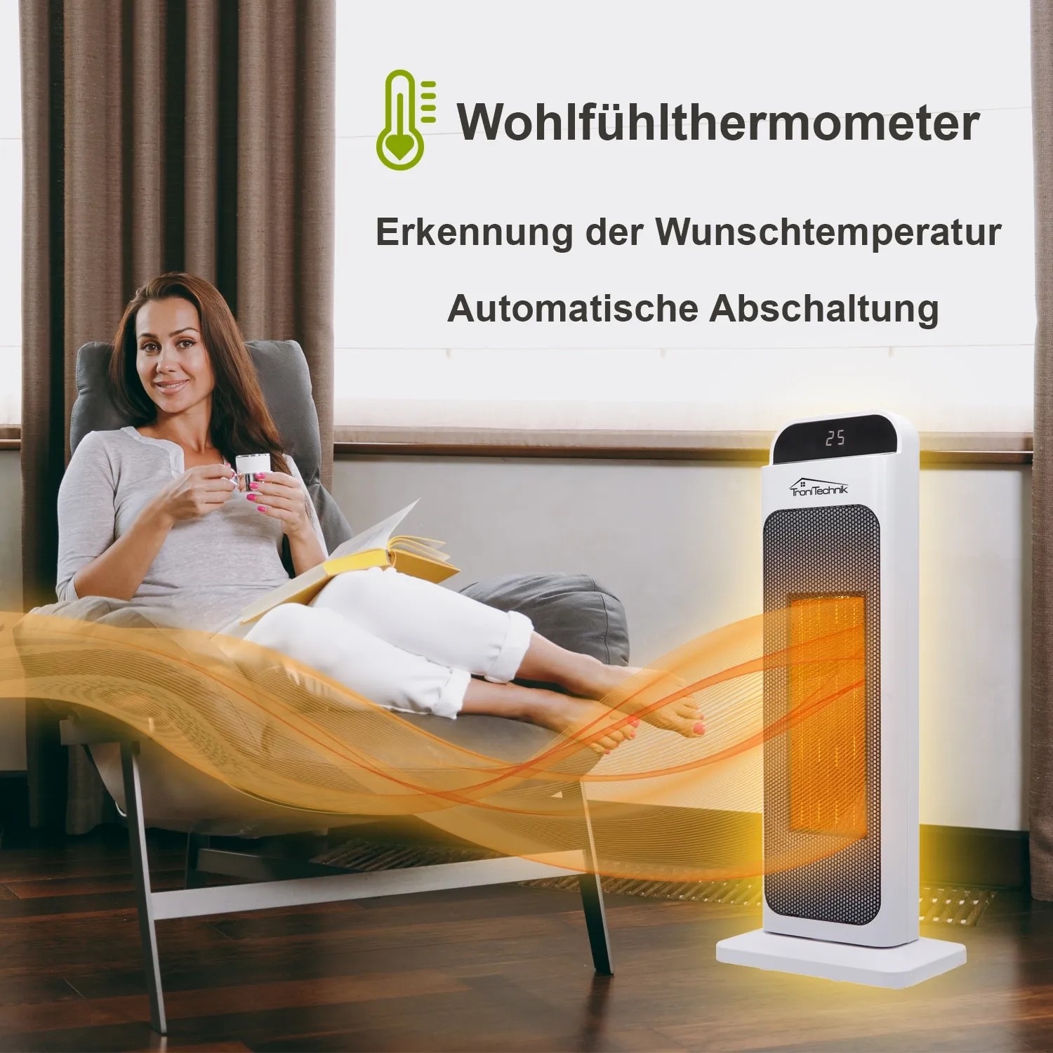 TroniTechnik Turm-Heizlüfter mit WIFI und App-Steuerung im Einsatz, Frau entspannt im Sessel.