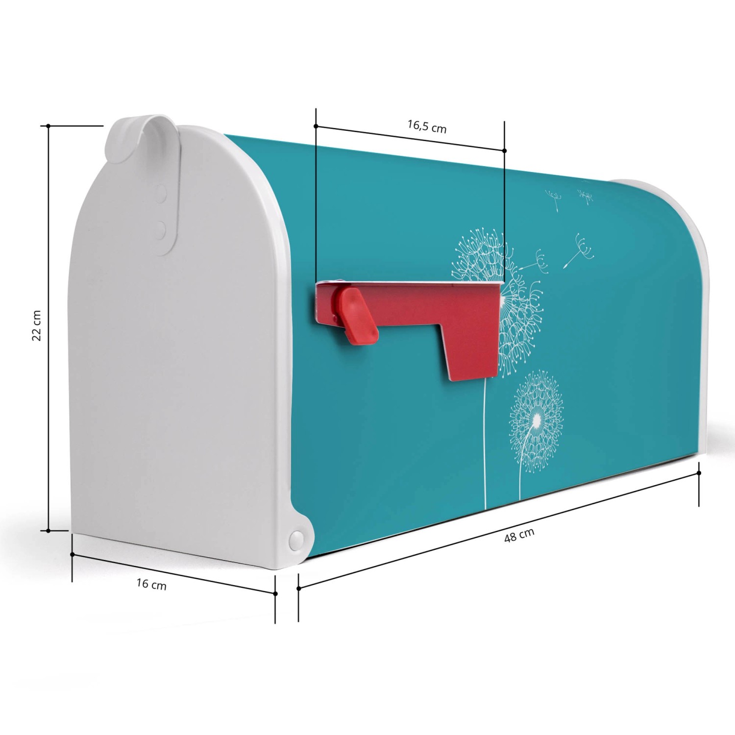 Weißer US Briefkasten mit Pusteblumen Motiv, rote Fahne, ca. 48x22x16cm. Ideal als Wand- oder Standbriefkasten.