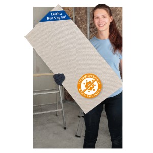 KlimaTec-RapidBoard Leichtbauplatte (120x80 cm), gehalten von einer Person. Schimmelpräventiv und leicht.