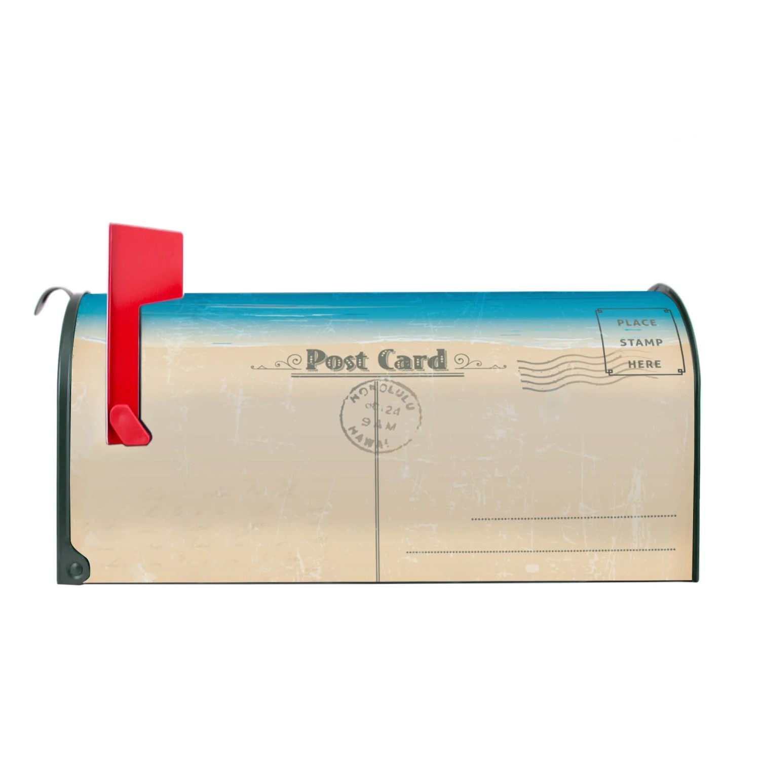 Grüner US Briefkasten mit Postkarten Motiv. Amerikanischer Postkasten aus Stahl, pulverbeschichtet.