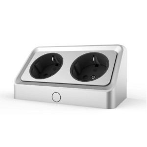 Kalb Avena Ecksteckdose, silbergrau, mit 2x 230V Ausgängen und Bohrschablone für Elektroinstallation.