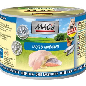 Mac's Katzen-Nassfutter Lachs & Hühnchen, 200g Dose. Getreidefreies Katzenfutter mit hohem Fleischanteil.