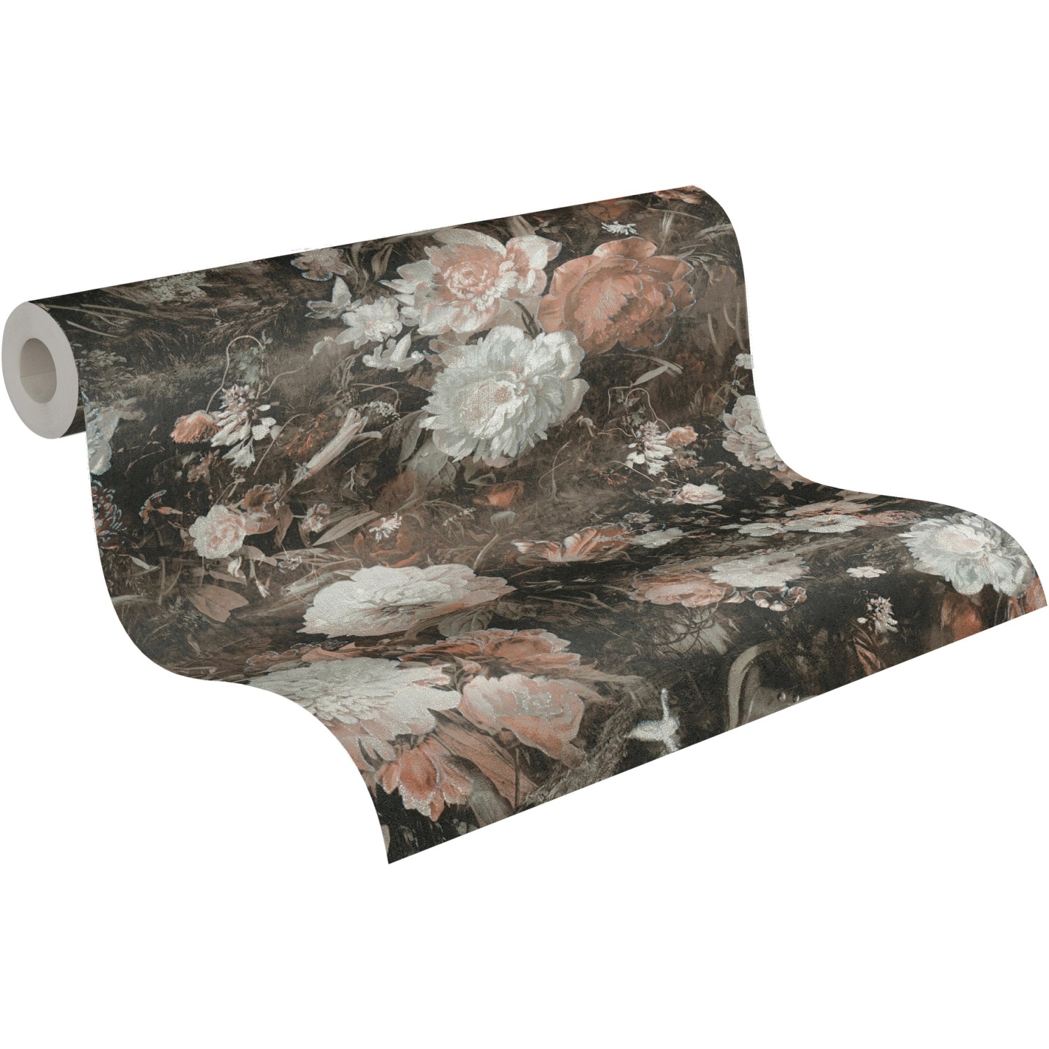 A.S. Création Vliestapete mit Blumenmuster in Braun und Weiß auf einer Rolle.