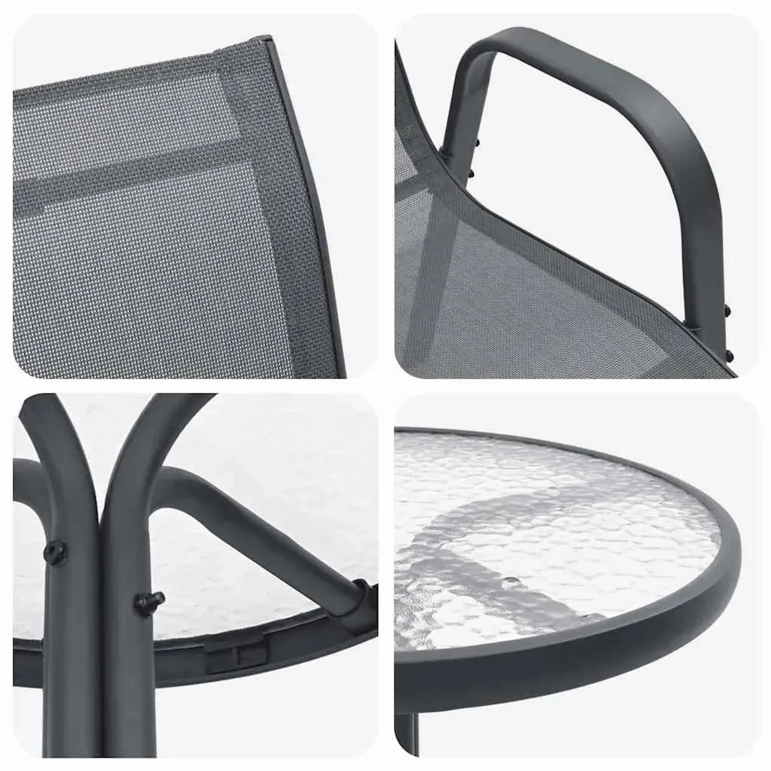 Detailansicht vidaXL Garten Bistro Set, 3-teilig, grau, Stahl. Tisch mit Stühlen für Terrasse oder Garten.