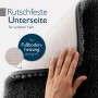 Nahaufnahme der rutschfesten Unterseite eines schwarzen Beautissu Badteppichs, für Fußbodenheizung geeignet.