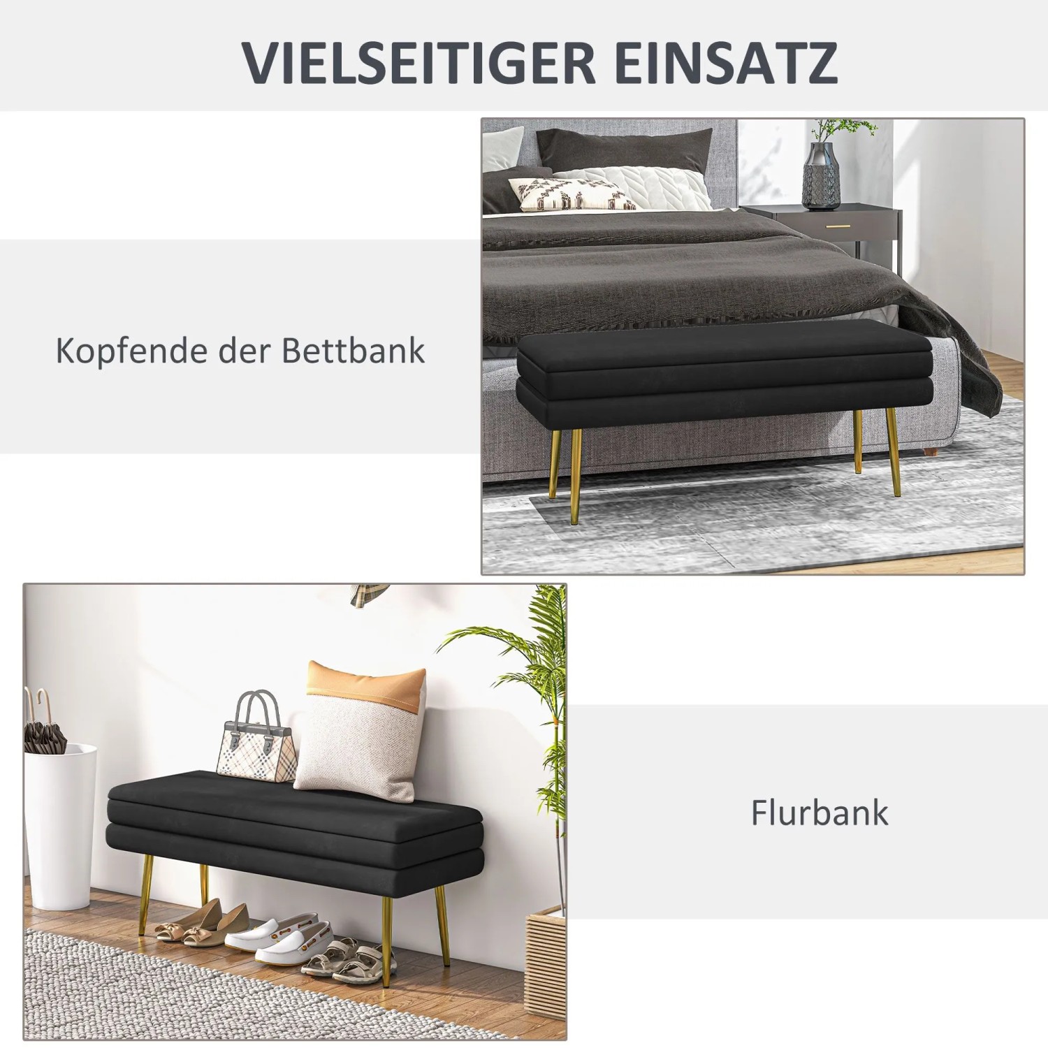 Schwarze Polsterbank mit Stauraum, Samtoptik und goldenen Beinen, als Bett- und Flurbank gezeigt.