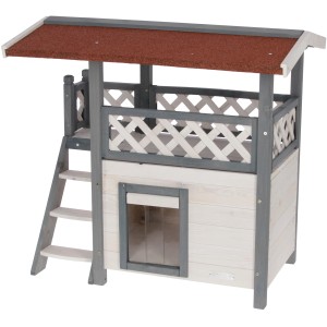 2-stöckiges Katzenhaus Lodge Ontario mit Leiter, Schwingtür und Bitumendach.