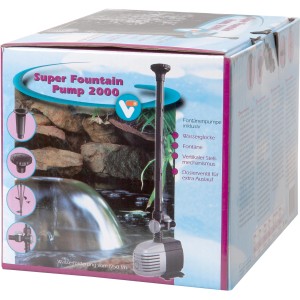 Verpackung der VT Teichpumpe Super Fountain 2000 mit Fontäne. Teichpumpe für Gartenteiche.