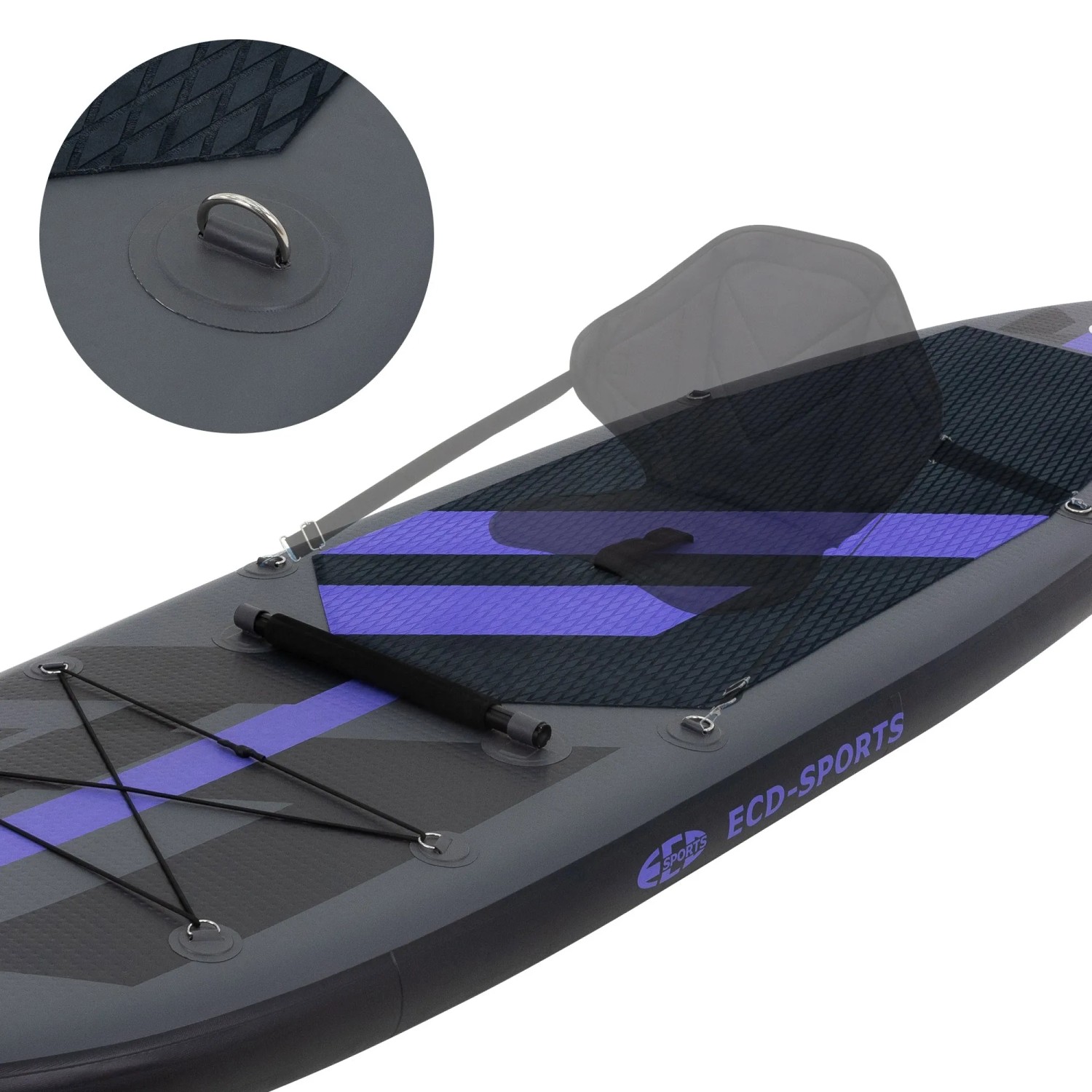 Aufblasbares Stand Up Paddle Board mit Sitz von ECD Germany, schwarz, mit Paddel und Zubehör.