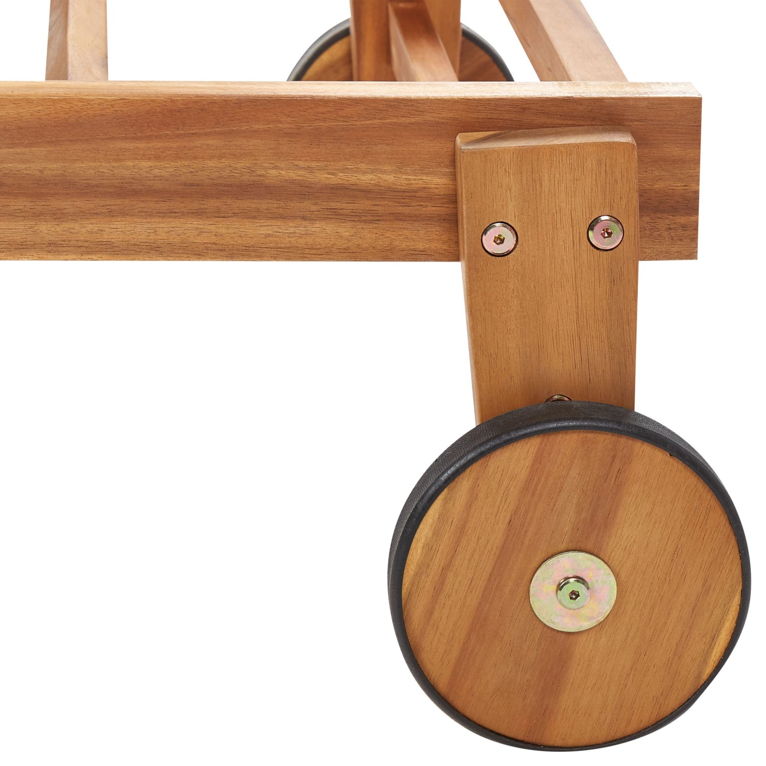 Detailaufnahme: Holzrad der Beliani Gartenliege in hellem Holzfarbton.