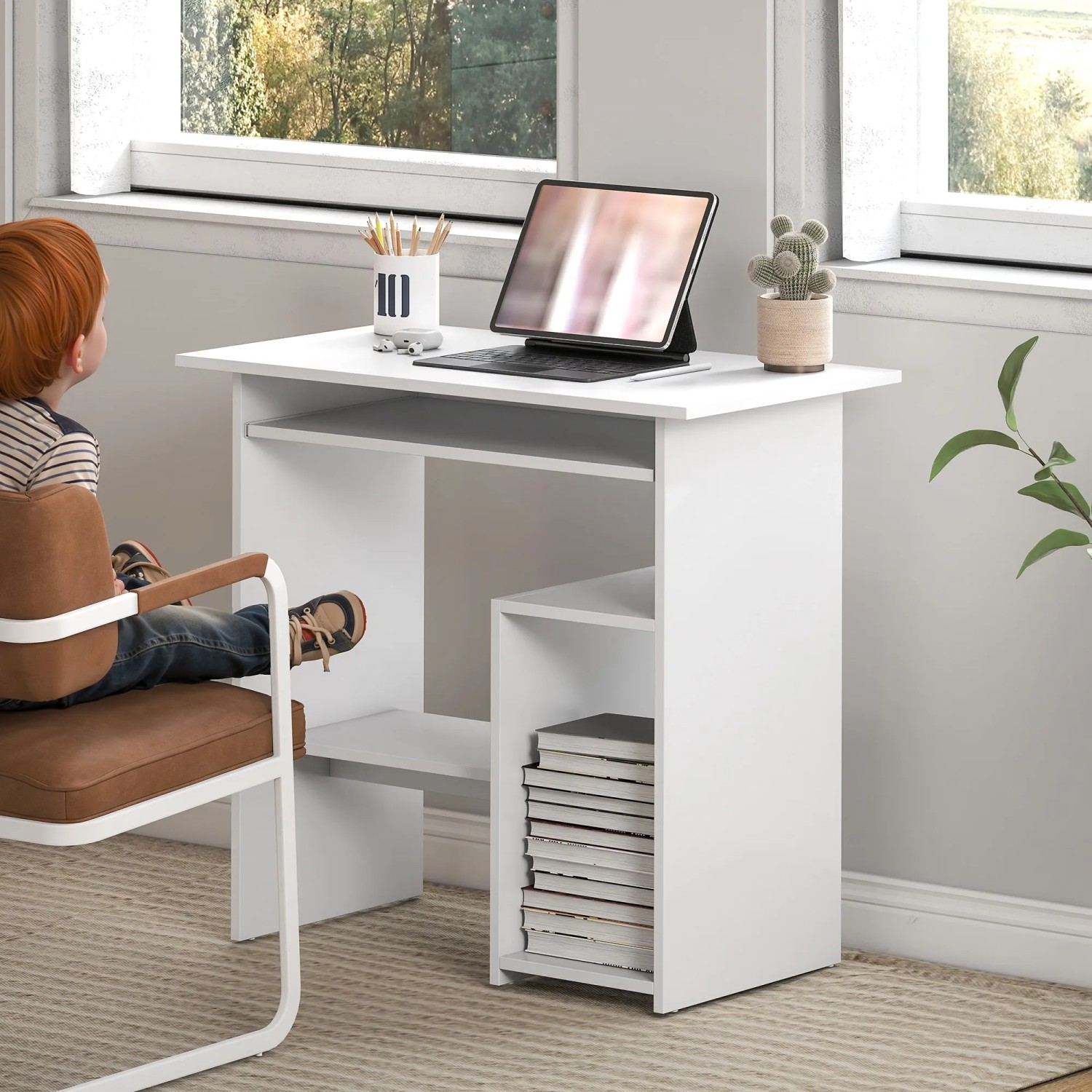 Weißer HOMCOM Computertisch (80x45x75 cm) mit Ablagefächern und Tastaturauszug.