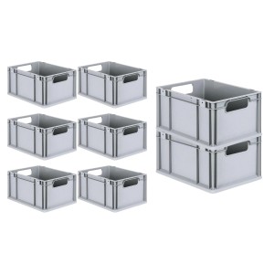 PROREGAL Spar Set: 8 graue Euroboxen mit Deckel und Schnappverschlüssen. Aufbewahrungsboxen für Lager und Transport.