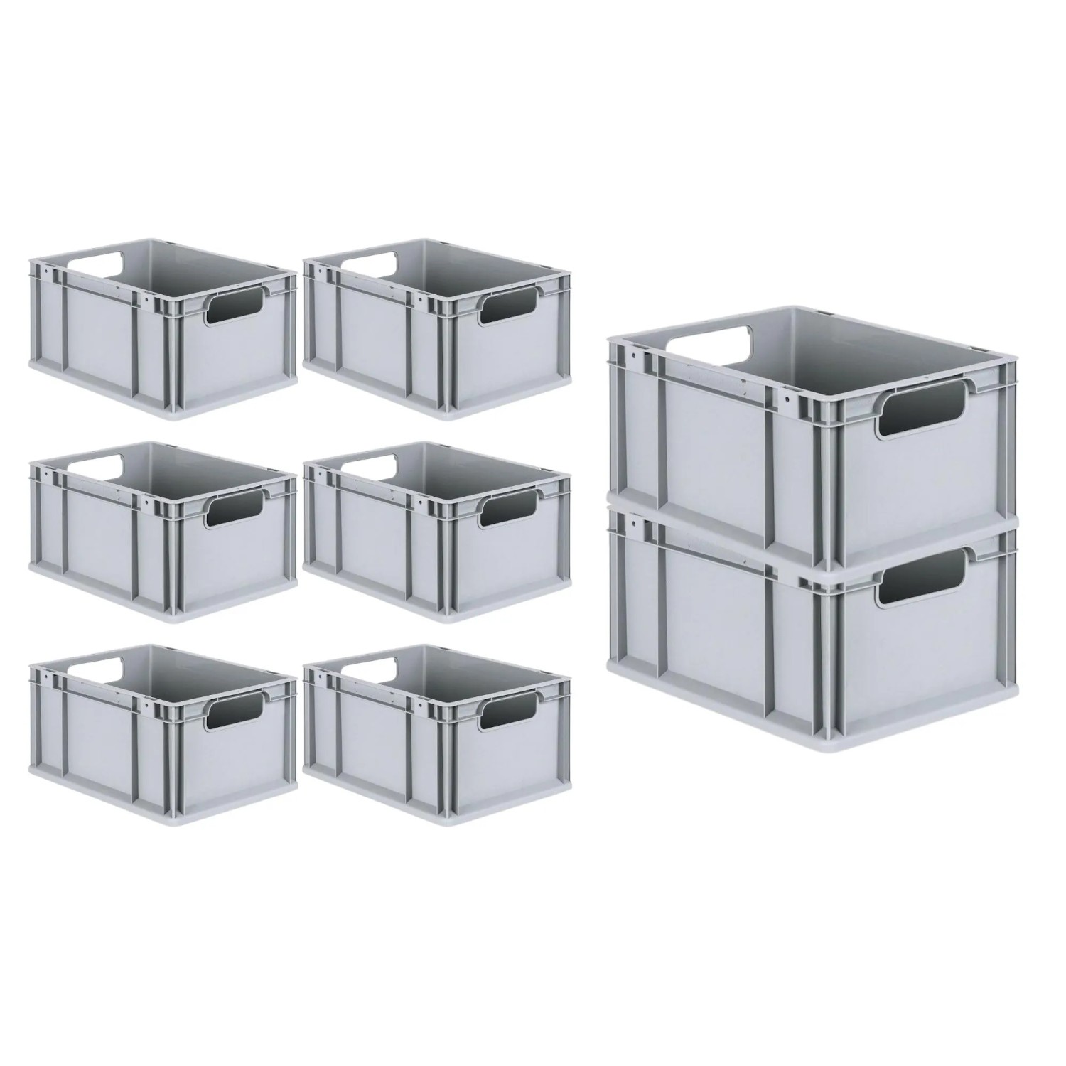 PROREGAL Spar Set: 8 graue Euroboxen mit Deckel und Schnappverschlüssen. Aufbewahrungsboxen für Lager und Transport.