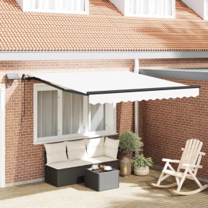 Weiße einziehbare Stoff-Markise (350x250 cm) mit Wellenkante über Terrasse. Sonnenschutz für Outdoor-Bereiche.