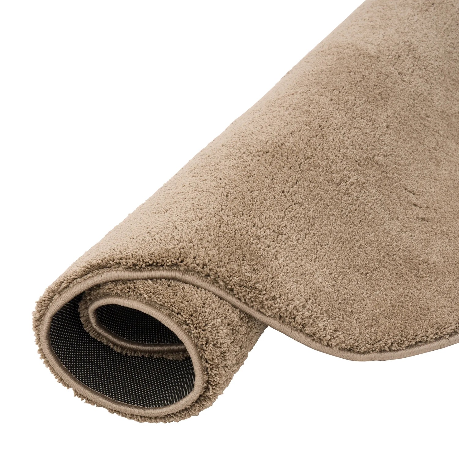 Gerollter, runder, taupefarbener Hochflor Teppich (120x120cm) der Marke Pergamon, super soft.