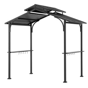 Brauner Stahl-Grillpavillon Sunjoy Ecrins (153x242cm) mit zweistufigem Dach und Ablageflächen.