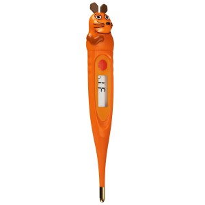 Digitales Fieberthermometer im Maus-Design, orange, mit Display und Goldspitze.
