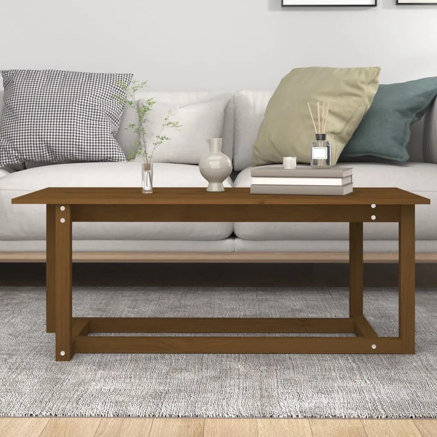 Rechteckiger Couchtisch, honigbraun, aus Kiefernholz (110x55x45 cm).