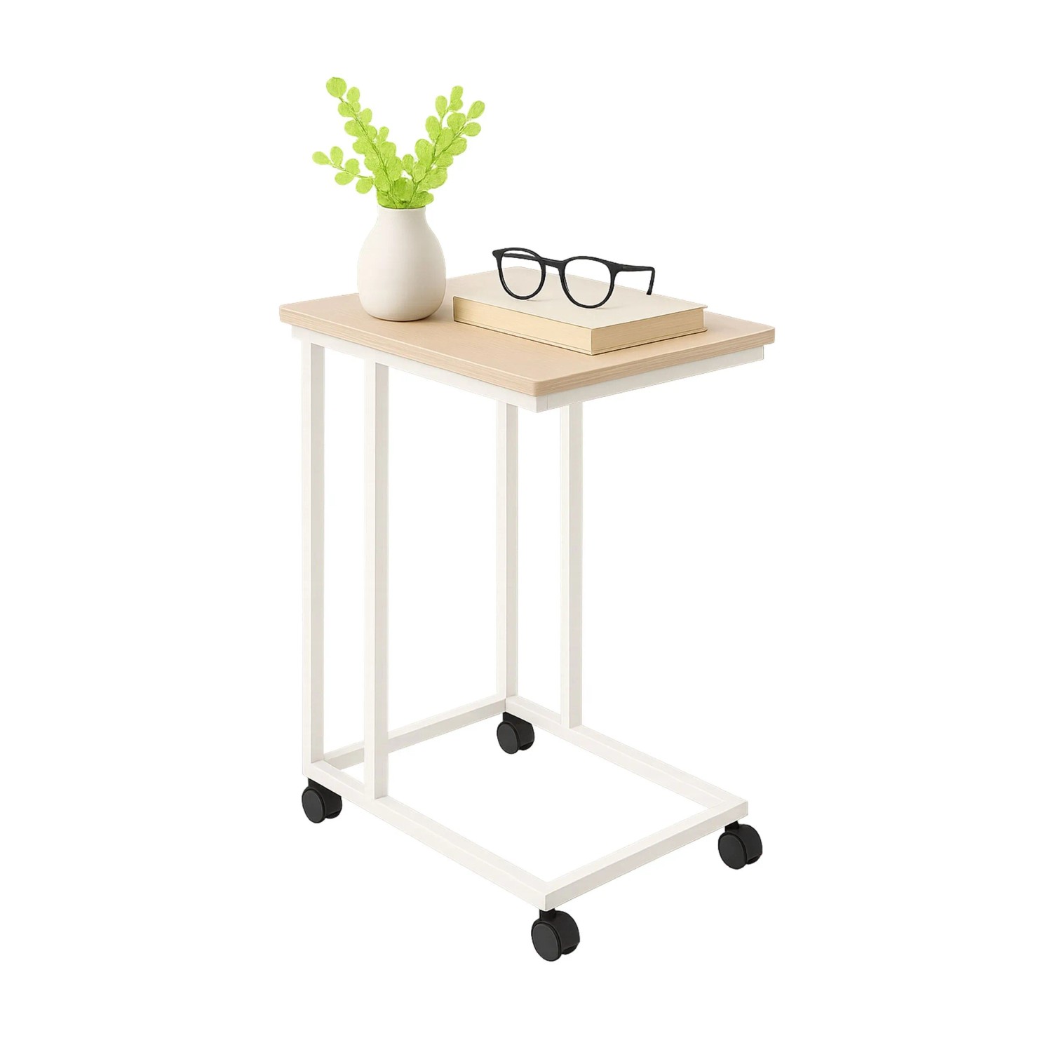 Relaxdays Beistelltisch MDF Eisen Weiß Braun C Form mit Rollen 50 cm x 35 cm x 68 cm