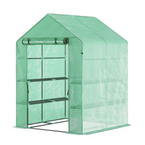 KARAT Foliengewächshaus Harrest mit Metallablagen, 143x195x143cm. Grünes Gewächshaus mit Tür und Regalen.