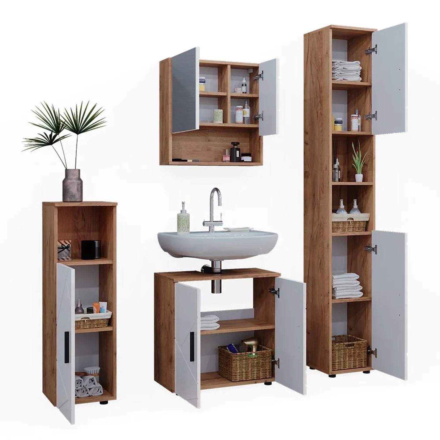 Vicco Badmöbel-Set Irma Weiß Hochglanz/Goldkraft Eiche 60 x 59 4-teilig